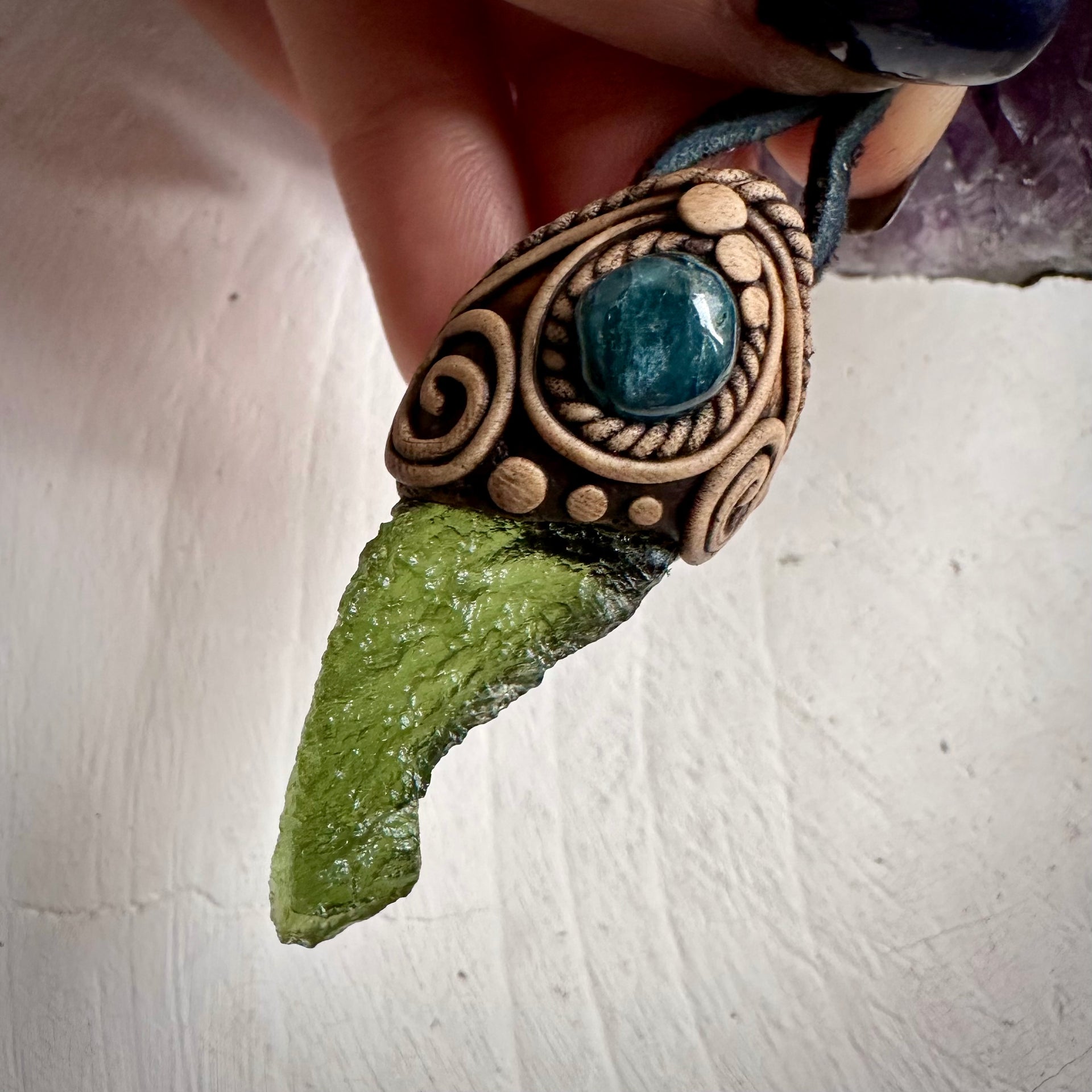 Large Moldavite and Blue Tourmaline Pendant Necklace - FairyGardenGlow