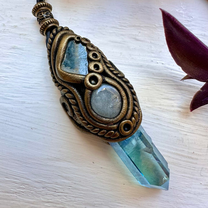 Aqua Aura Quartz Blue Tourmaline and Aquamarine Necklace - FairyGardenGlow