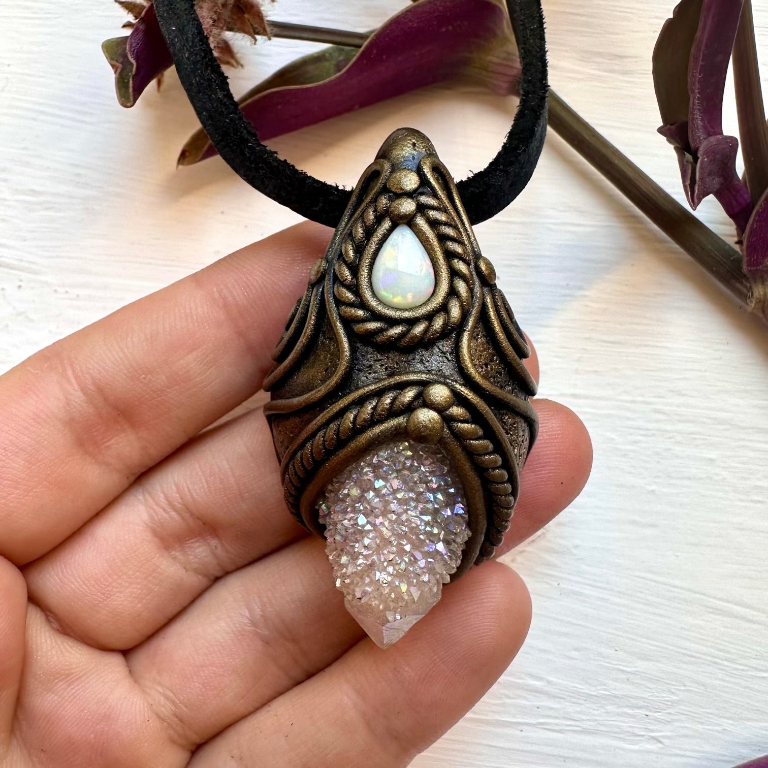Angel Aura Spirit Quartz and Australian Opal Necklace - FairyGardenGlow