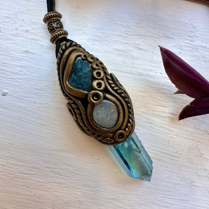 Aqua Aura Quartz Blue Tourmaline and Aquamarine Necklace - FairyGardenGlow