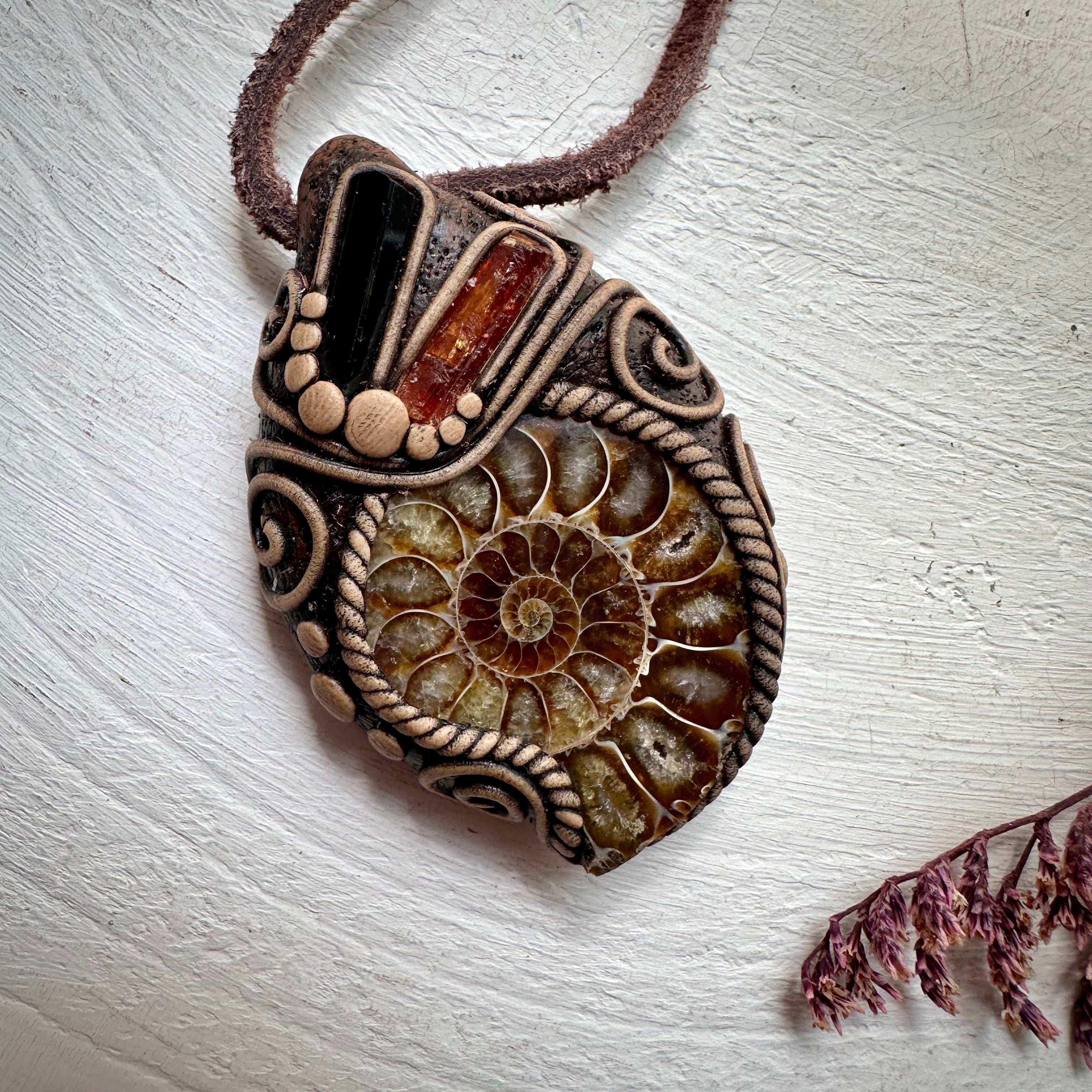 Ammonite Black Tourmaline and Imperial Topaz Pendant Necklace - FairyGardenGlow