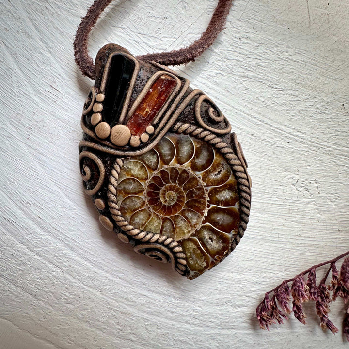 Ammonite Black Tourmaline and Imperial Topaz Pendant Necklace - FairyGardenGlow