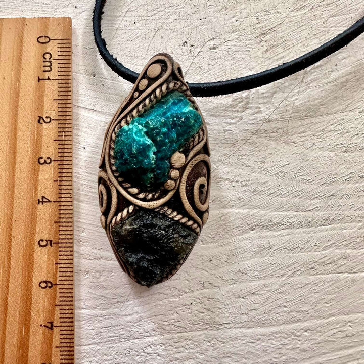Raw Chrysocolla and Moldavite Pendant Necklace - FairyGardenGlow