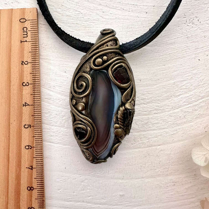 Botswana Agate Red Garnet and Moldavite Pendant Necklace - FairyGardenGlow