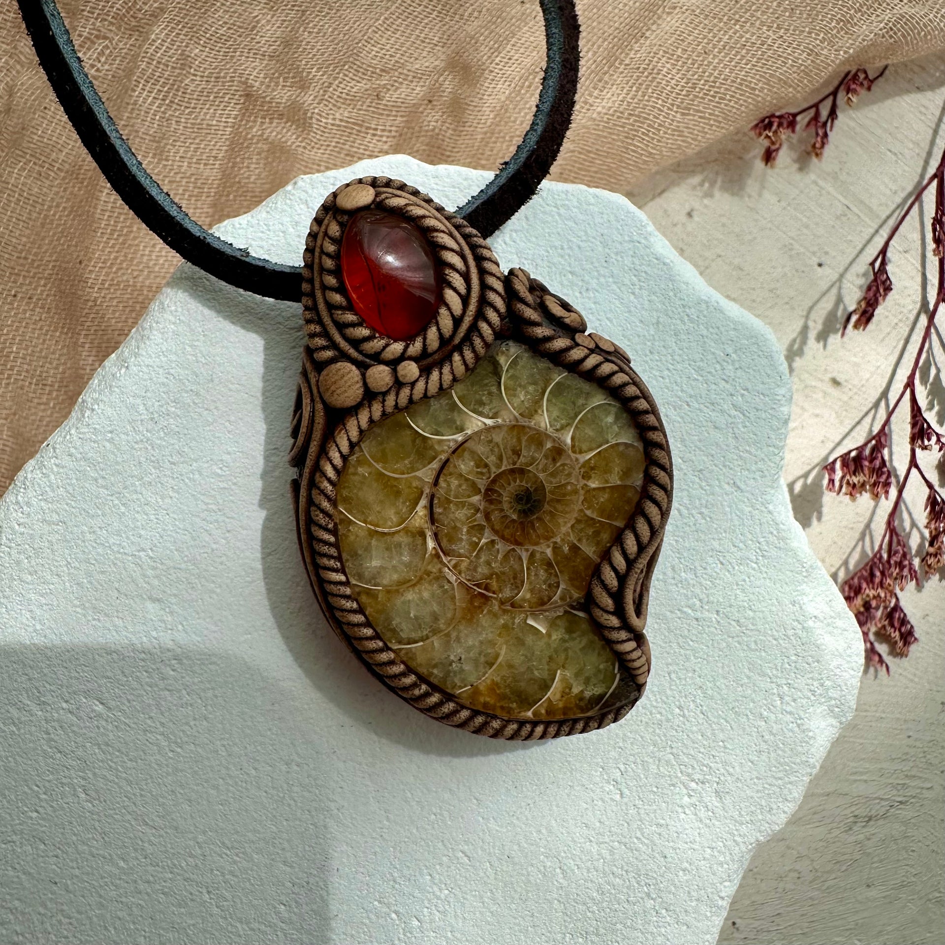 Ammonite and Baltic Amber Pendant