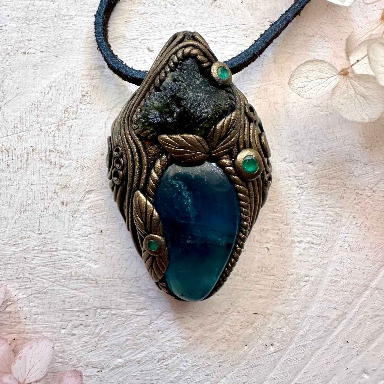 Blue Fluorite Moldavite and Emerald Pendant Necklace - FairyGardenGlow