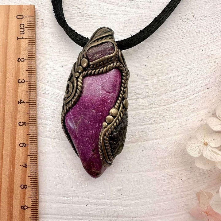 Stichtite Moldavite and Ruby Pendant, Handmade Crystal Jewelry - FairyGardenGlow