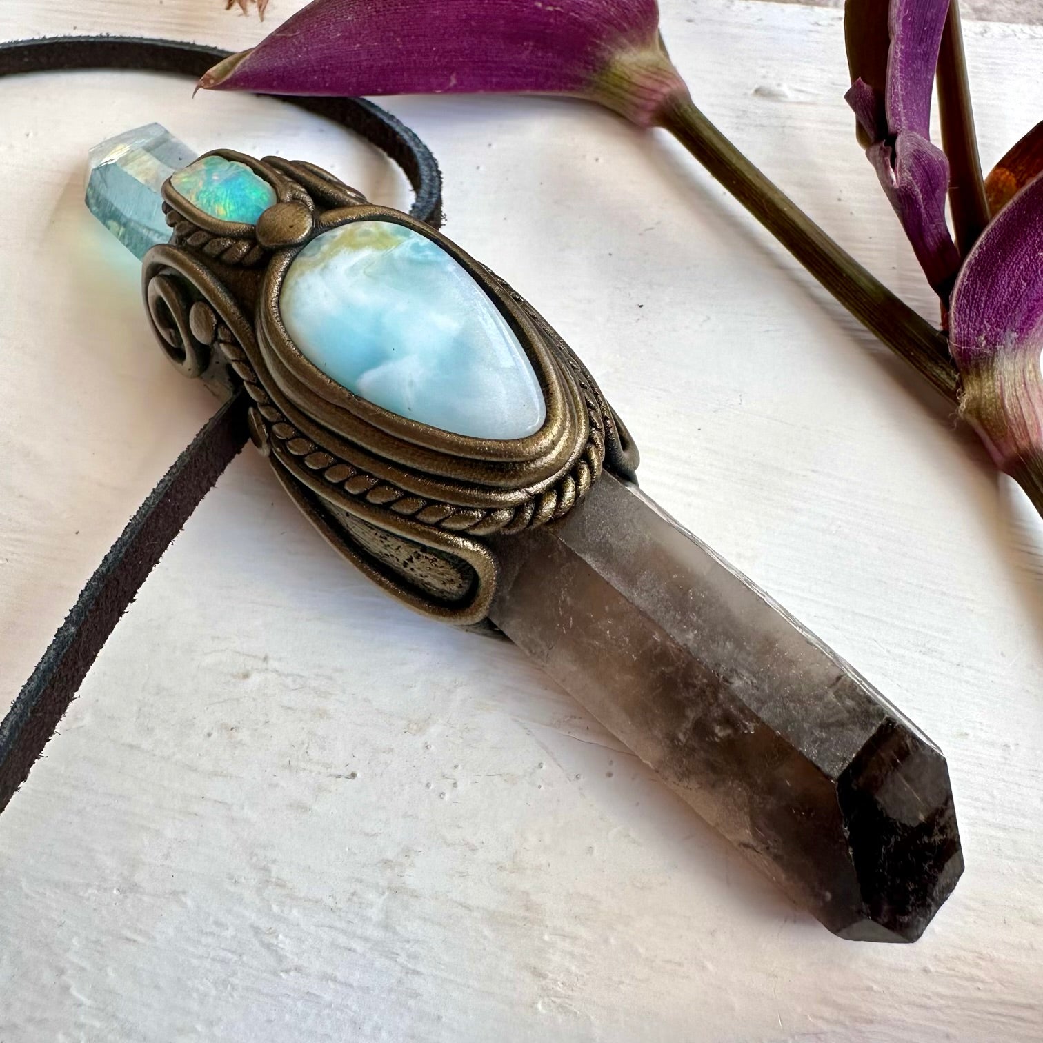 Smoky Quartz Aqua Aura Quartz Larimar and Raw Ethiopian Opal Wand / Necklace - FairyGardenGlow
