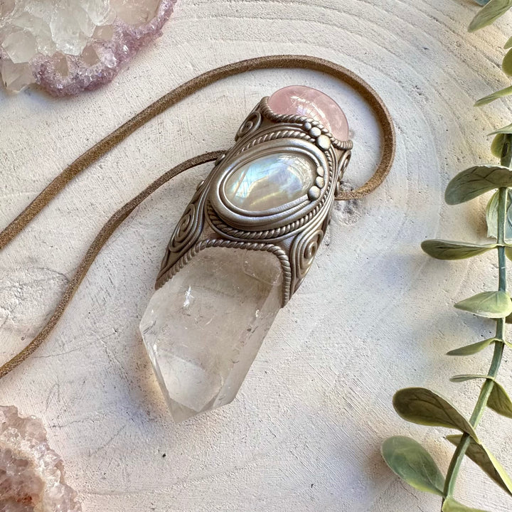 Quartz rose quartz and moonstone unisex spiritual jewelry
