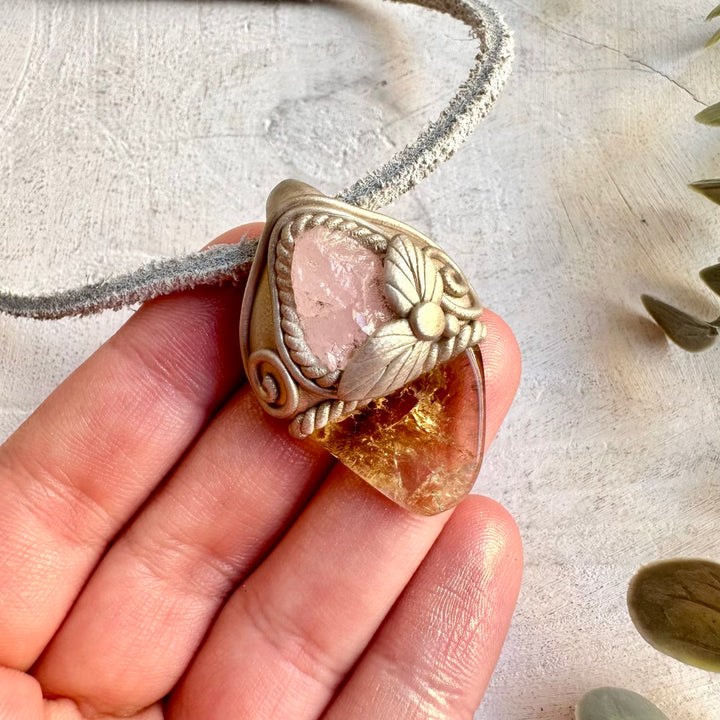 Handmade crystal jewelry combining polished Citrine with delicate Morganite.