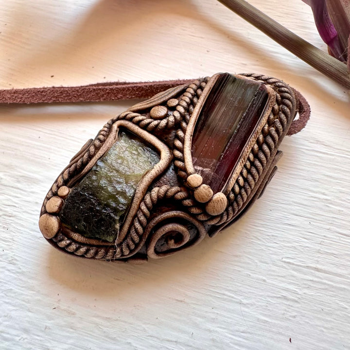 Rubellite Tourmaline and Moldavite Pendant Necklace - FairyGardenGlow