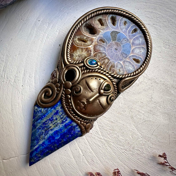 Lapis Lazuli Ammonite Smoky Quartz Black Onyx and Australian Black Opal Goddess Wand - FairyGardenGlow