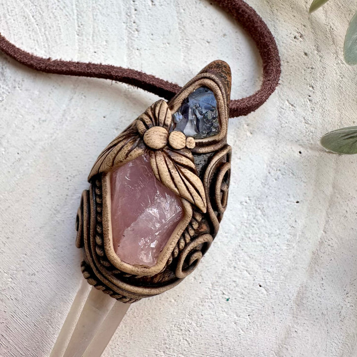 Spiritual jewelry combining quartz rose quartz and tanzanite
