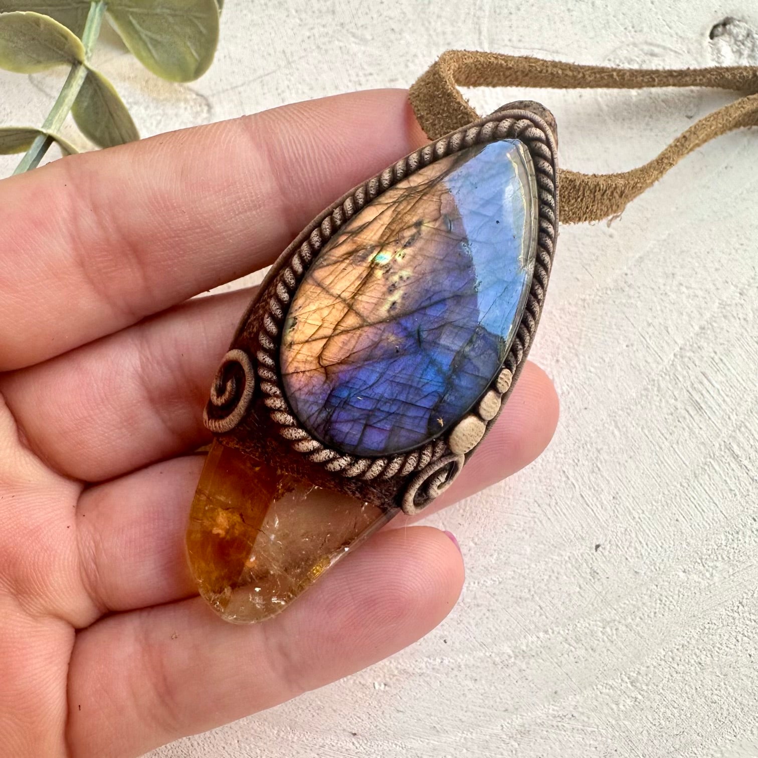 Handmade gemstone pendant necklace with natural Citrine and Labradorite