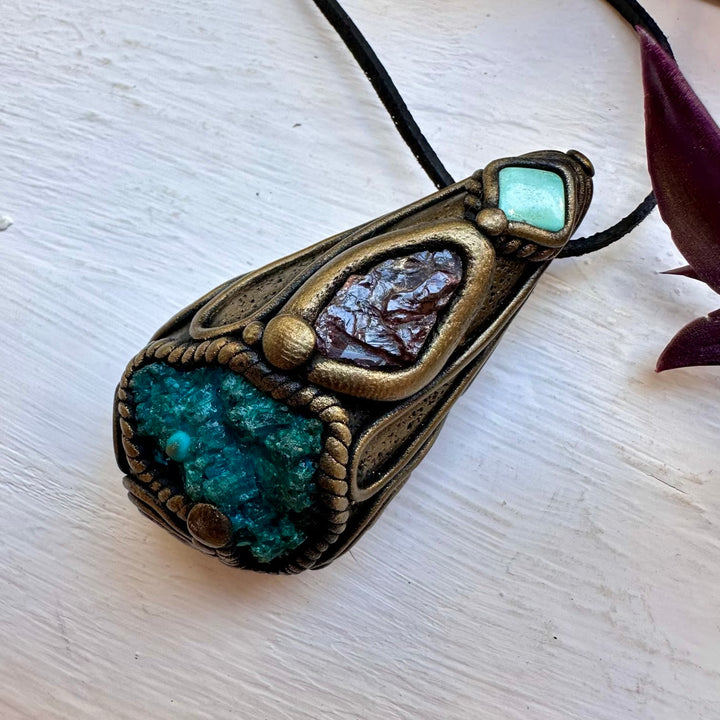 Raw Chrysocolla Red Garnet and Tibetan Turquoise Necklace - FairyGardenGlow
