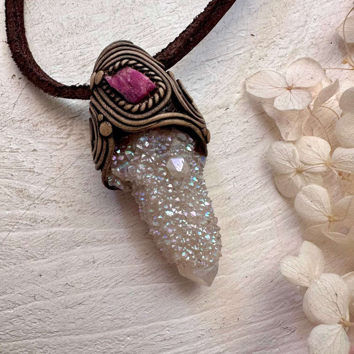Angel Aura Spirit Quartz and Ruby Pendant Necklace - FairyGardenGlow