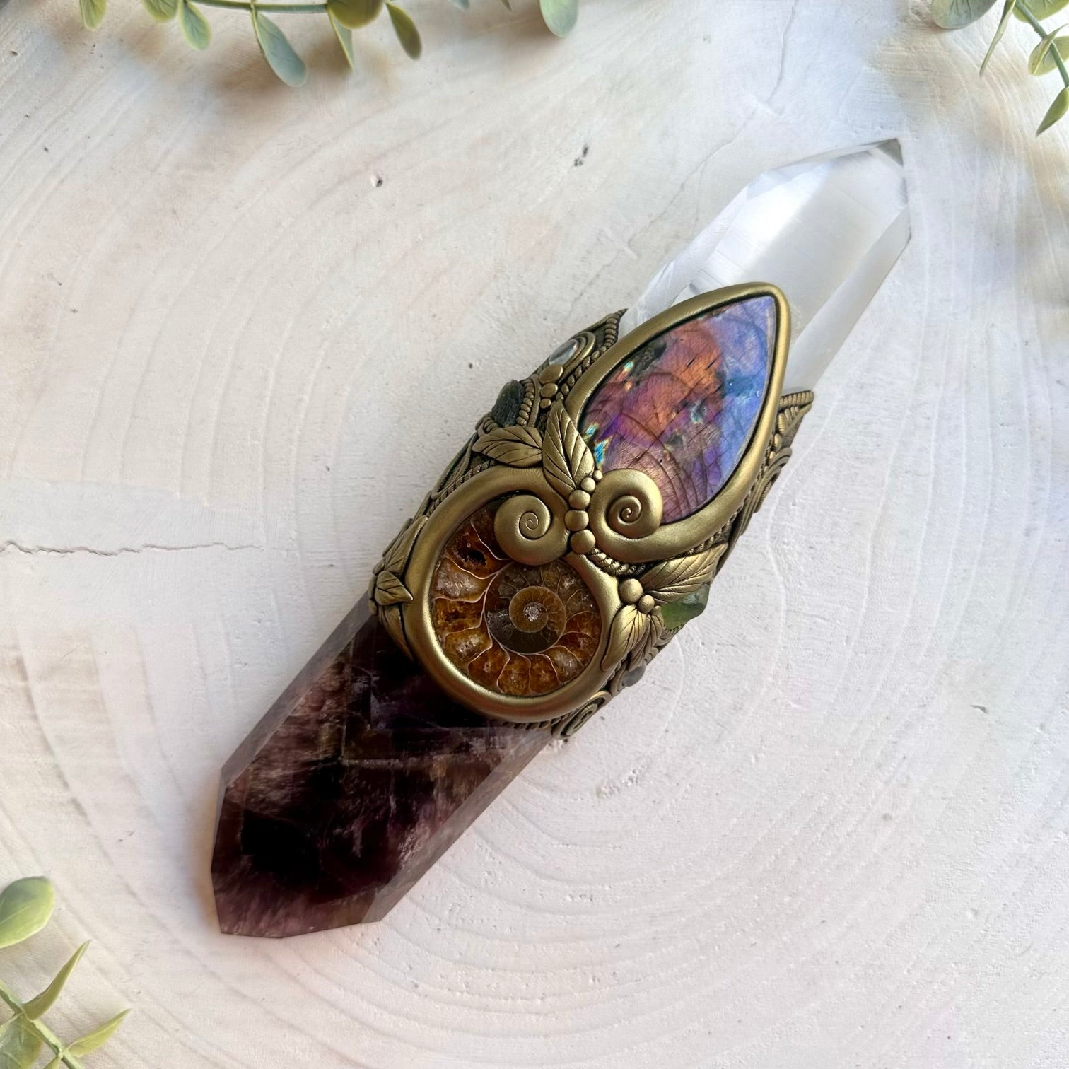 Healing crystal wand with Super Seven Quartz and Lemurian Seed Quartz for altar.