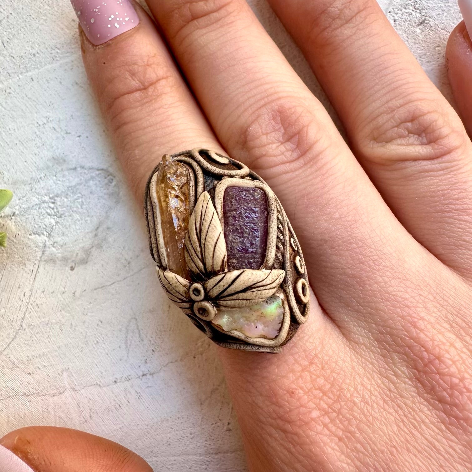 Raw Opal with Imperial Topaz and Ruby Ring