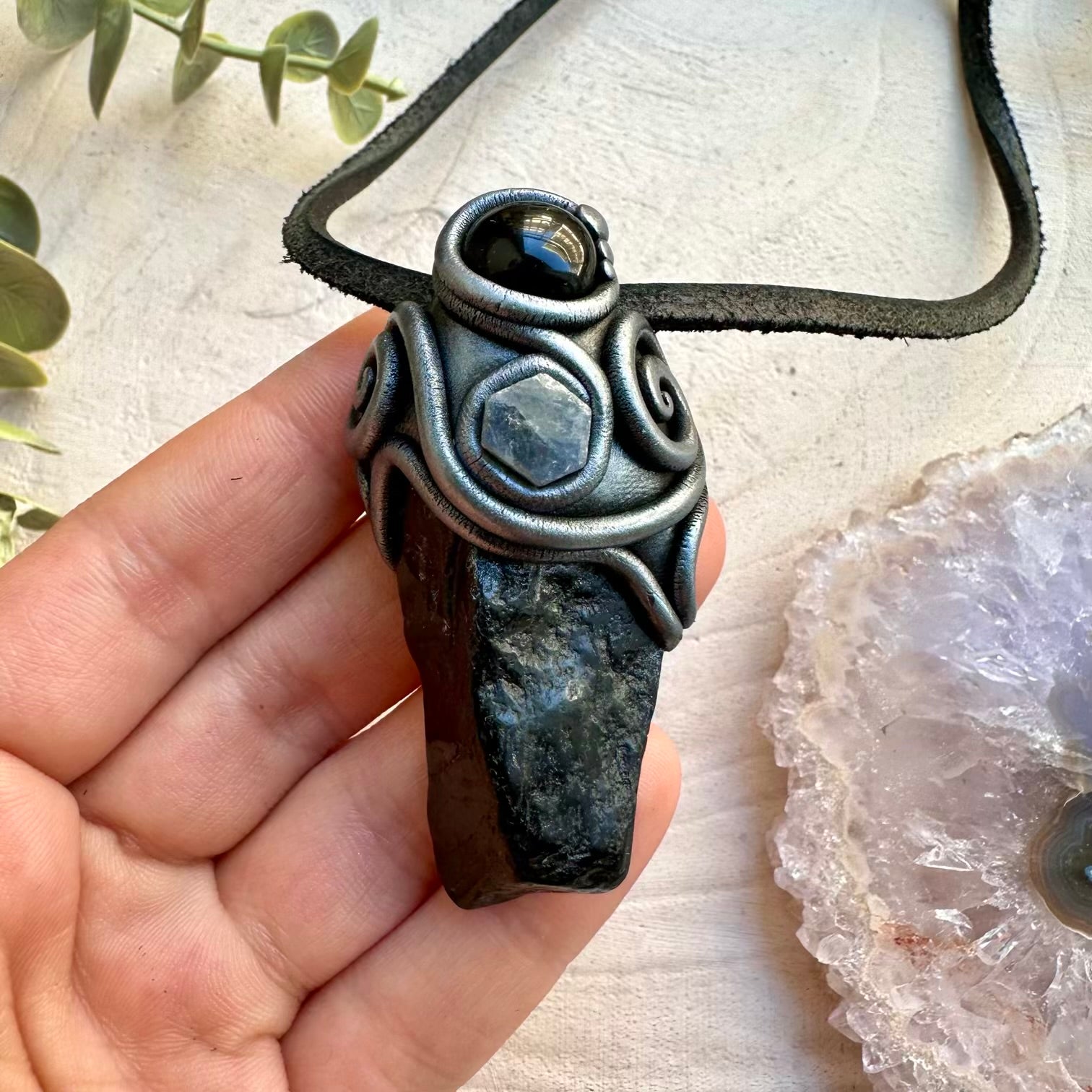 Polished Black Tourmaline with Black Onyx and Raw Blue Sapphire Pendant Necklace