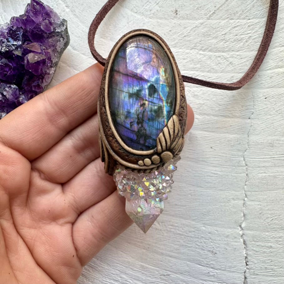 Angel Aura Spirit Quartz and Purple Labradorite Pendant, Healing Crystal Jewelry