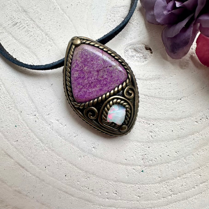 Spiritual imperfect raw Ethiopian Opal flash with soothing Stichtite crystal energy, handcrafted talisman necklace.