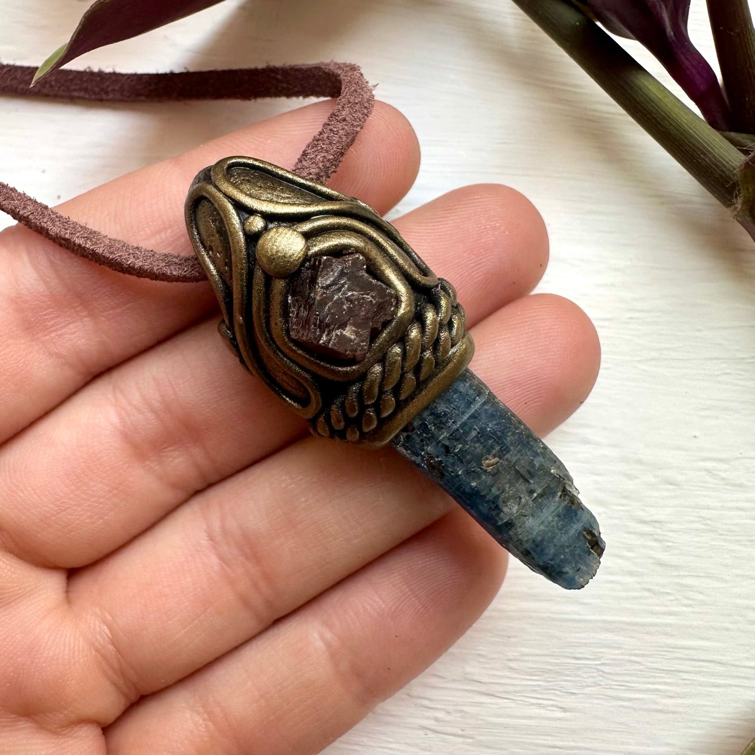 Blue Kyanite and Red Garnet Pendant - FairyGardenGlow