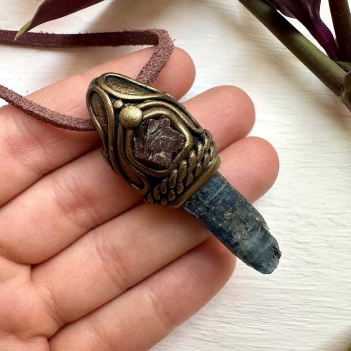 Blue Kyanite and Red Garnet Pendant - FairyGardenGlow