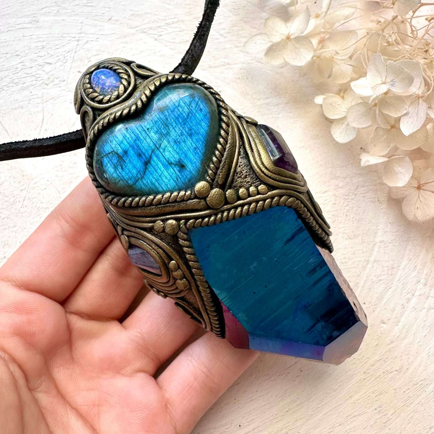 Cobalt Aura Quartz, Blue Labradorite Heart, Tanzanite, Amethyst and Australian Opal Crystal Wand / Unique Crystal Pendant - FairyGardenGlow