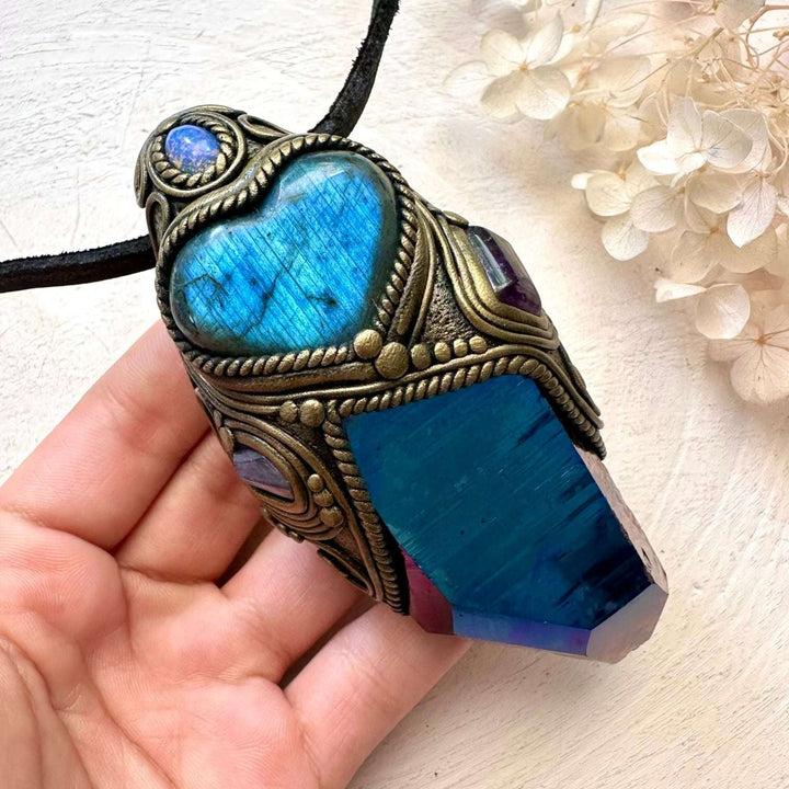 Cobalt Aura Quartz, Blue Labradorite Heart, Tanzanite, Amethyst and Australian Opal Crystal Wand / Unique Crystal Pendant - FairyGardenGlow