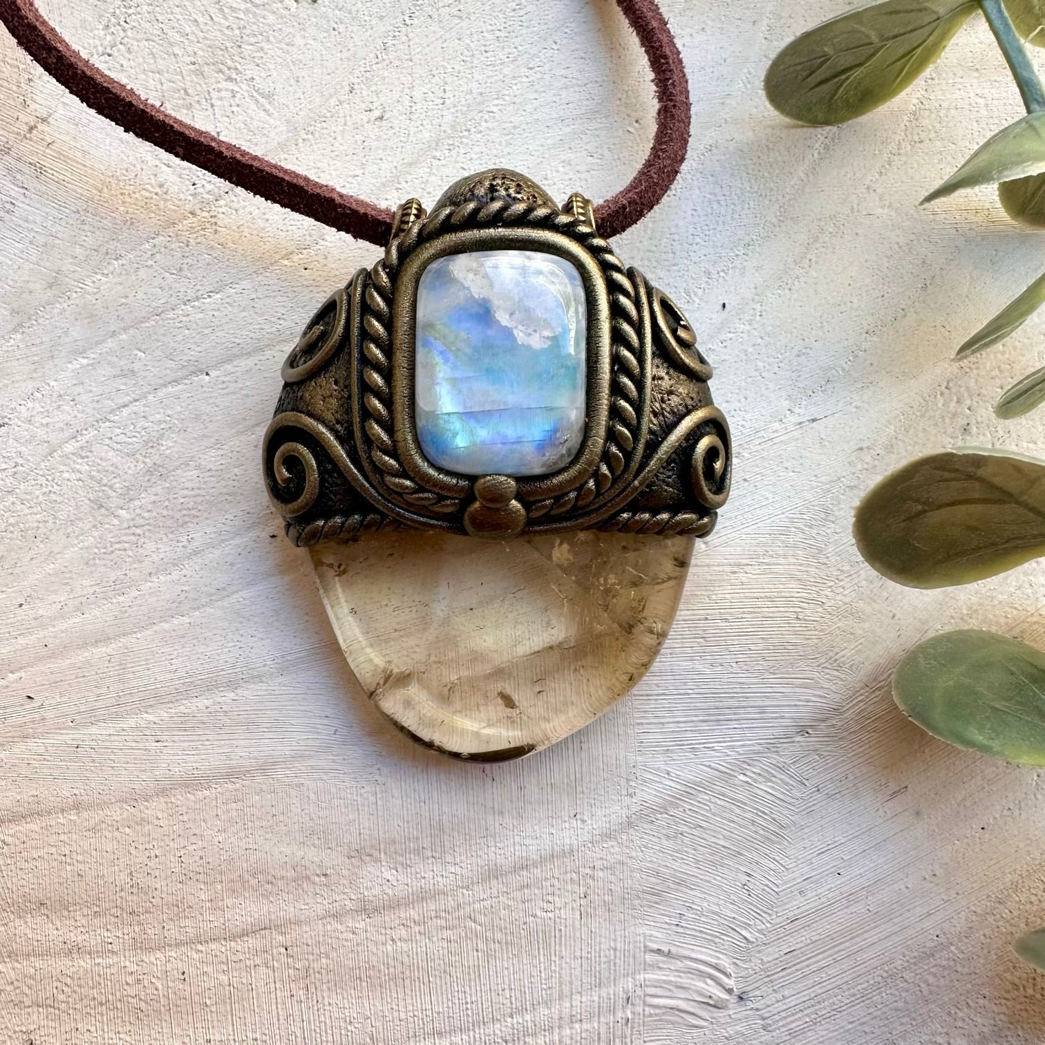 Natural Citrine and Rainbow Moonstone Pendant Necklace