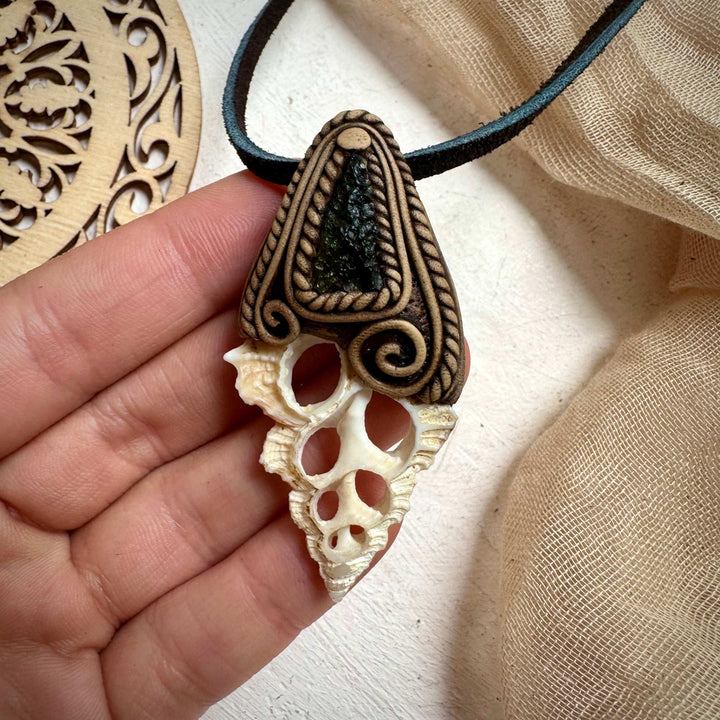Seashell Slice and Moldavite Necklace - FairyGardenGlow