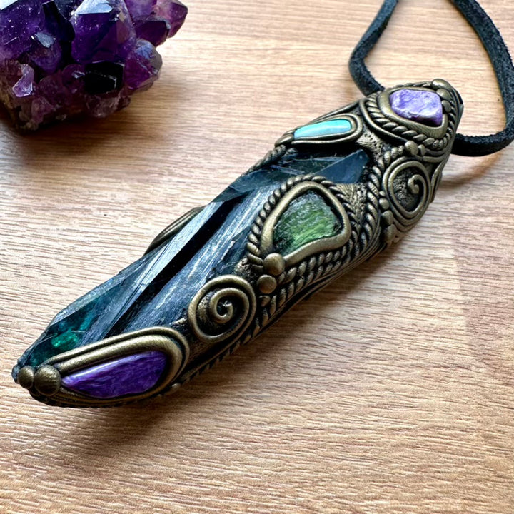 Gorgeous Vivianite with Moldavite, Charoite, Solid Australian Opal, and Lapis Lazuli Healing Crystal Wand-Pendant, Handmade Healing Crystal Talisman - FairyGardenGlow