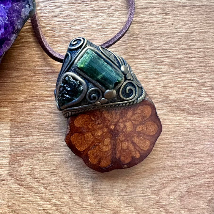Ayahuasca Necklace, Green Tourmaline and Moldavite Pendant Necklace - FairyGardenGlow
