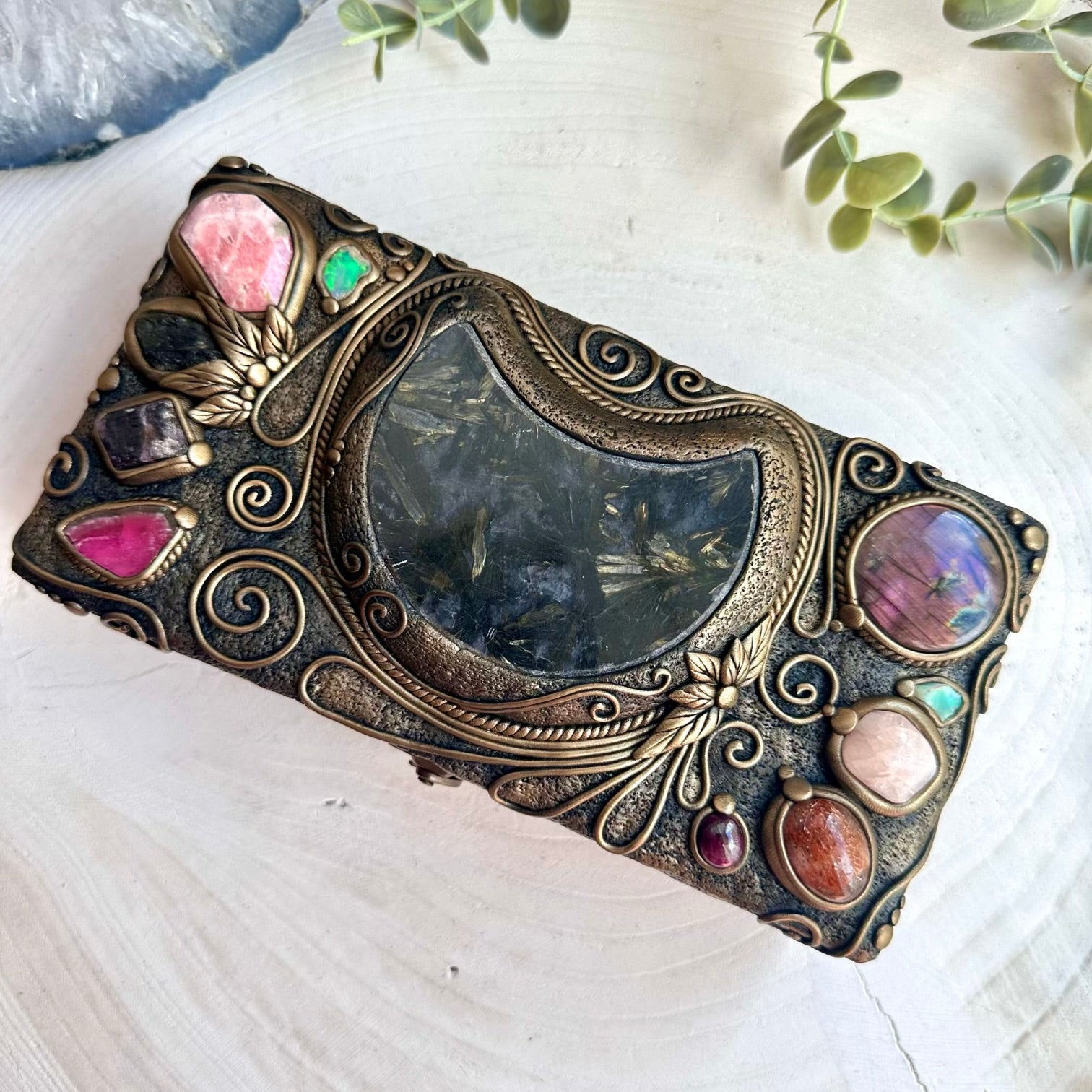 Witchy home decor crystal box with rare gemstones and magical fantasy inspired design