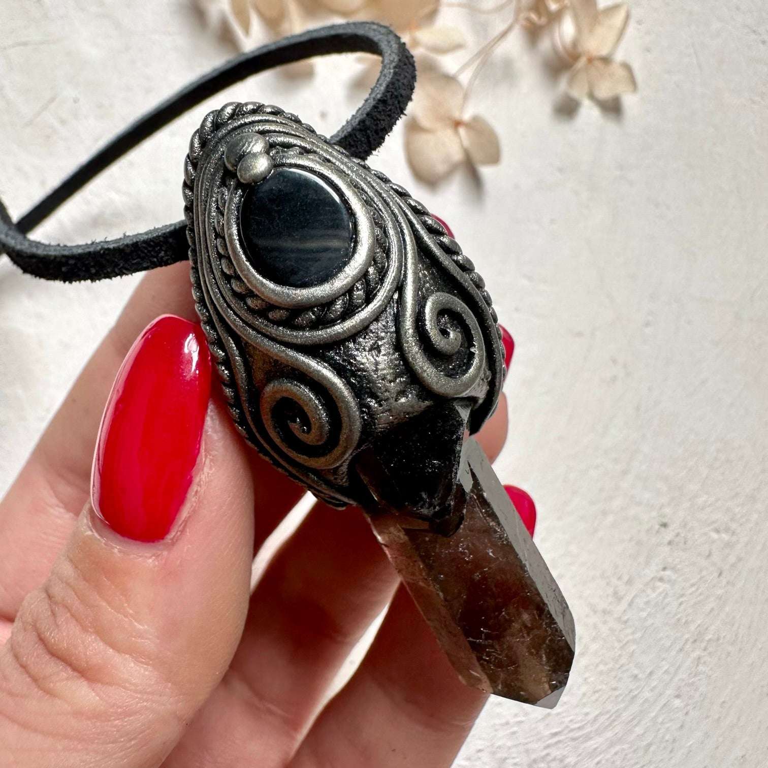 Smoky Quartz and Black Onyx Pendant - FairyGardenGlow