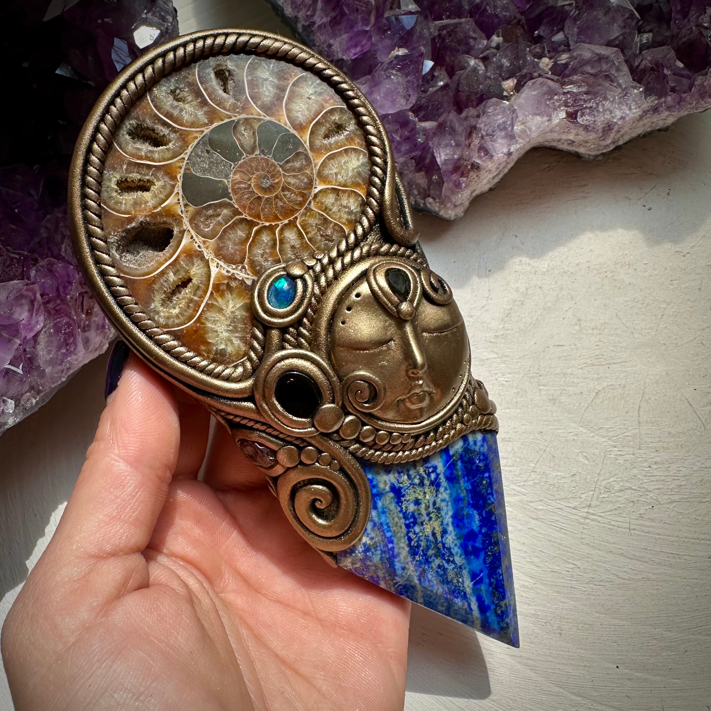 Lapis Lazuli Ammonite Smoky Quartz Black Onyx and Australian Black Opal Goddess Wand - FairyGardenGlow