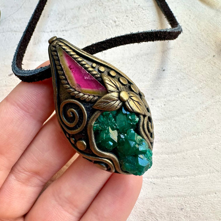 Natural crystal necklace with watermelon tourmaline and dioptase