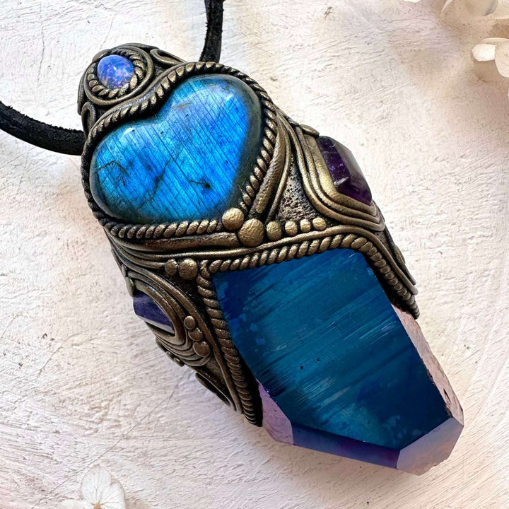 Cobalt Aura Quartz, Blue Labradorite Heart, Tanzanite, Amethyst and Australian Opal Crystal Wand / Unique Crystal Pendant - FairyGardenGlow