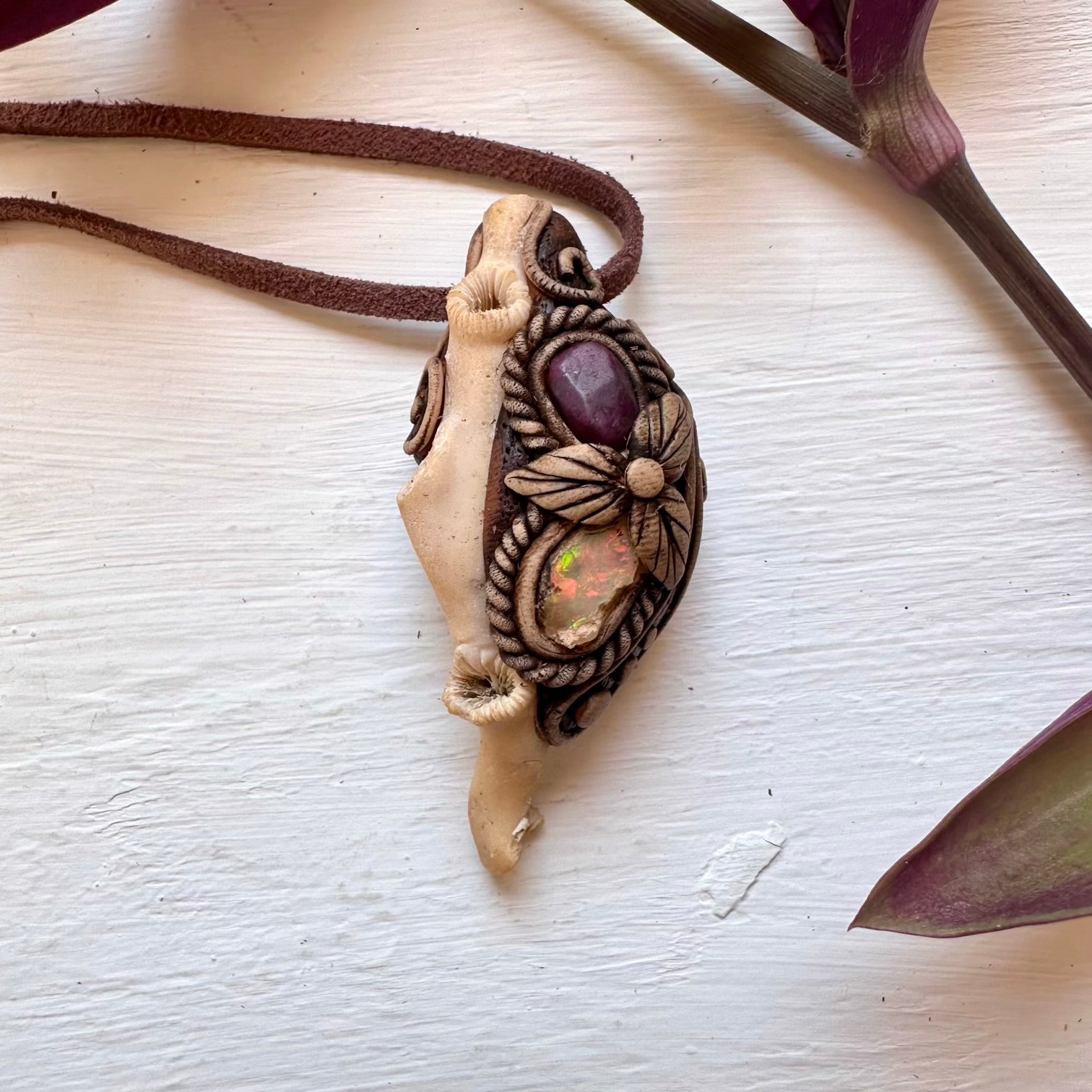 White Coral Ruby and Opal Necklace - FairyGardenGlow