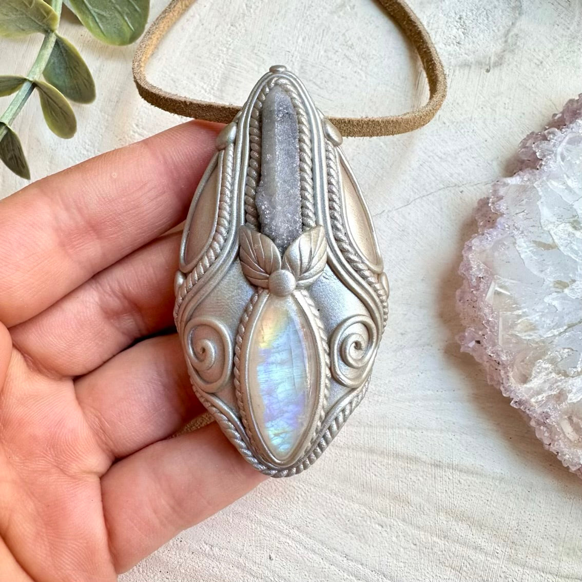 Aqua Aura Spirit Quartz and Rainbow Moonstone Pendant, Raw Crystal Necklace