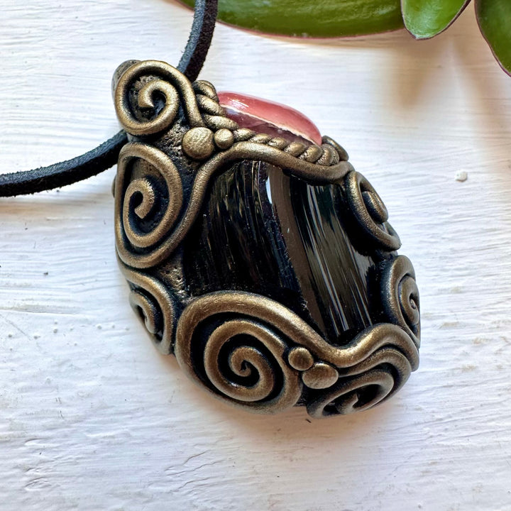 Black Obsidian and Rhodochrosite Necklace - FairyGardenGlow