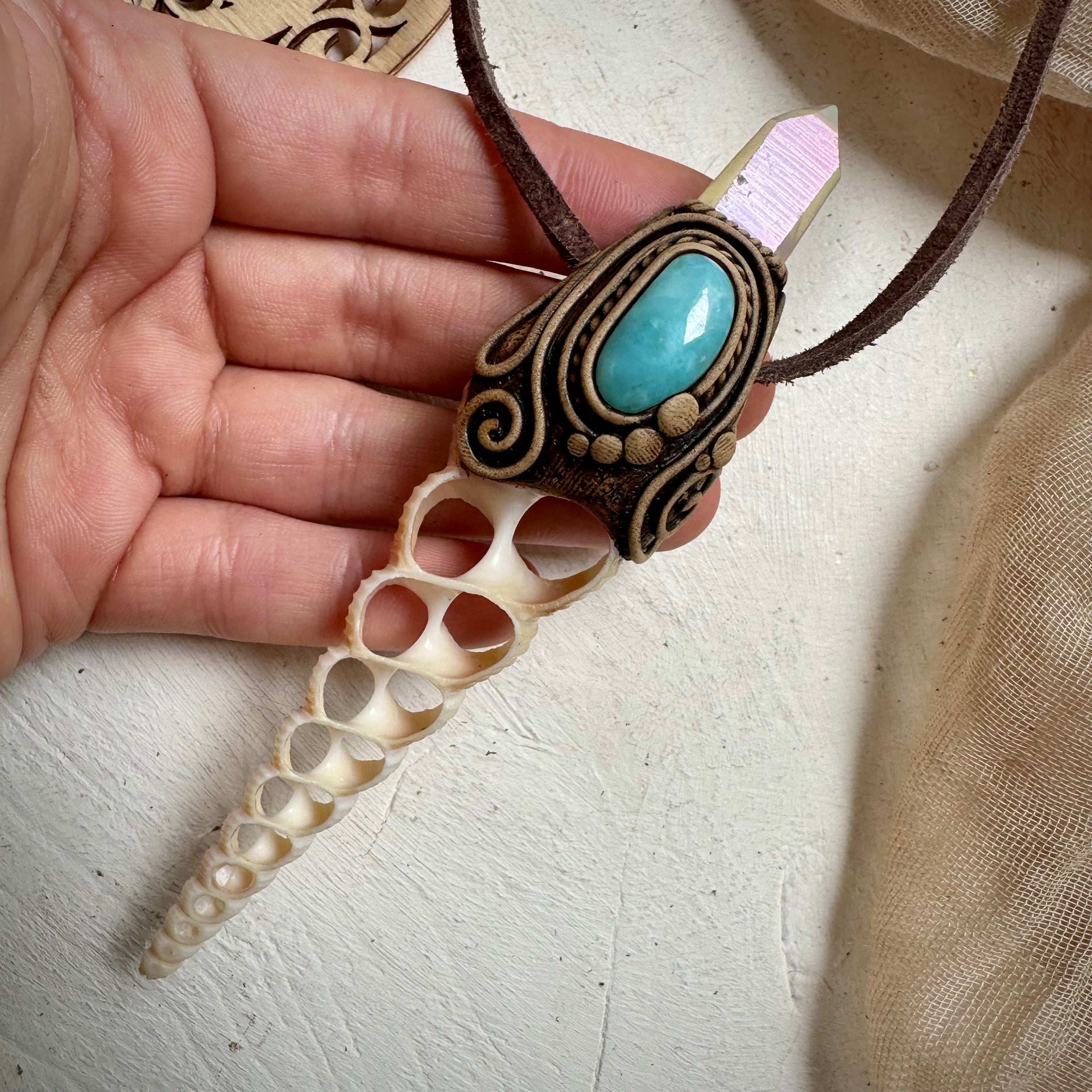 Seashell Slice Angel Aura Quartz and Larimar Necklace - FairyGardenGlow