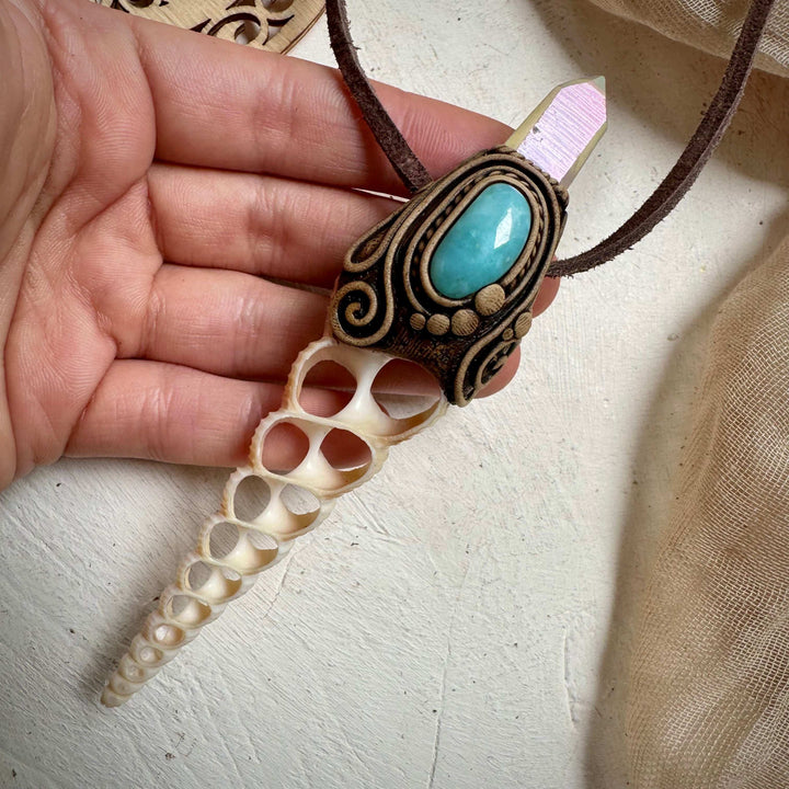 Seashell Slice Angel Aura Quartz and Larimar Necklace - FairyGardenGlow