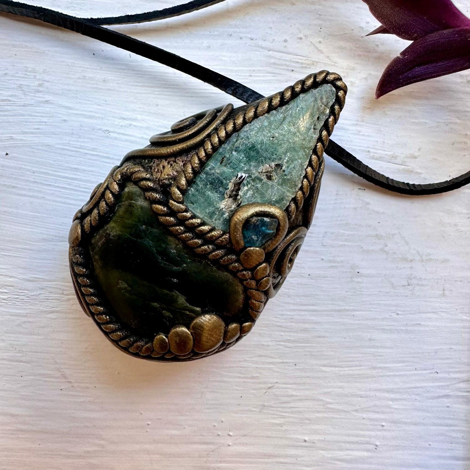 Nephrite Green Kyanite and Raw Blue Apatite Pendant Necklace - FairyGardenGlow