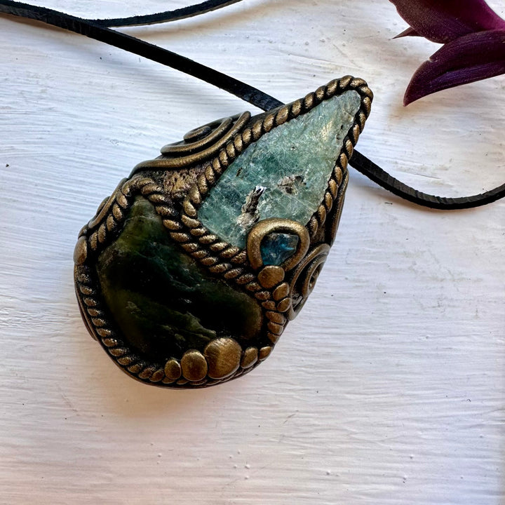 Nephrite Green Kyanite and Raw Blue Apatite Pendant Necklace - FairyGardenGlow