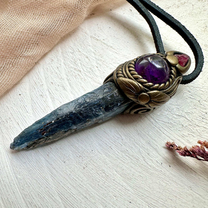 Blue Kyanite Amethyst and Raw Spinel Necklace - FairyGardenGlow