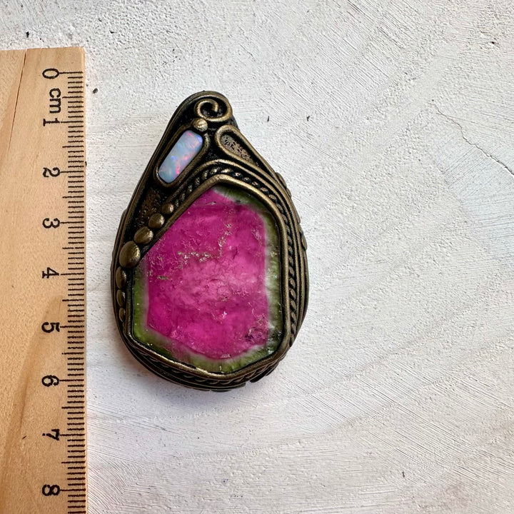 Natural gemstone necklace with watermelon tourmaline and opal