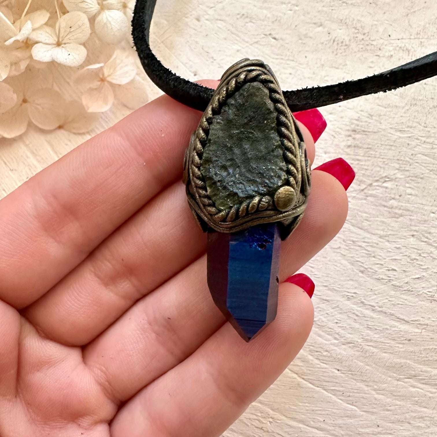 Raw Moldavite and Cobalt Aura Quartz Pendant Necklace - FairyGardenGlow