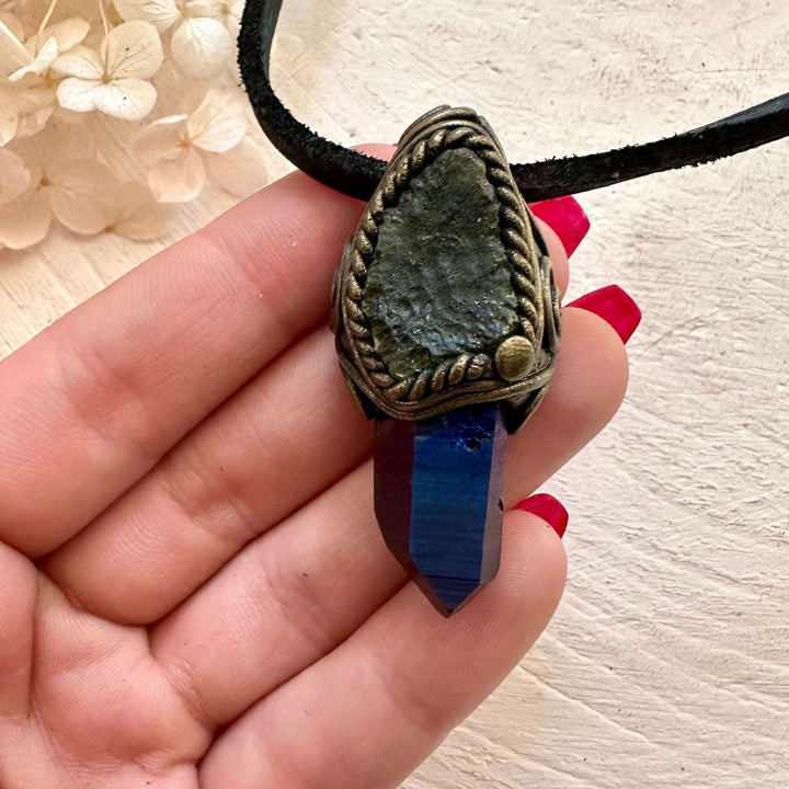Raw Moldavite and Cobalt Aura Quartz Pendant Necklace - FairyGardenGlow