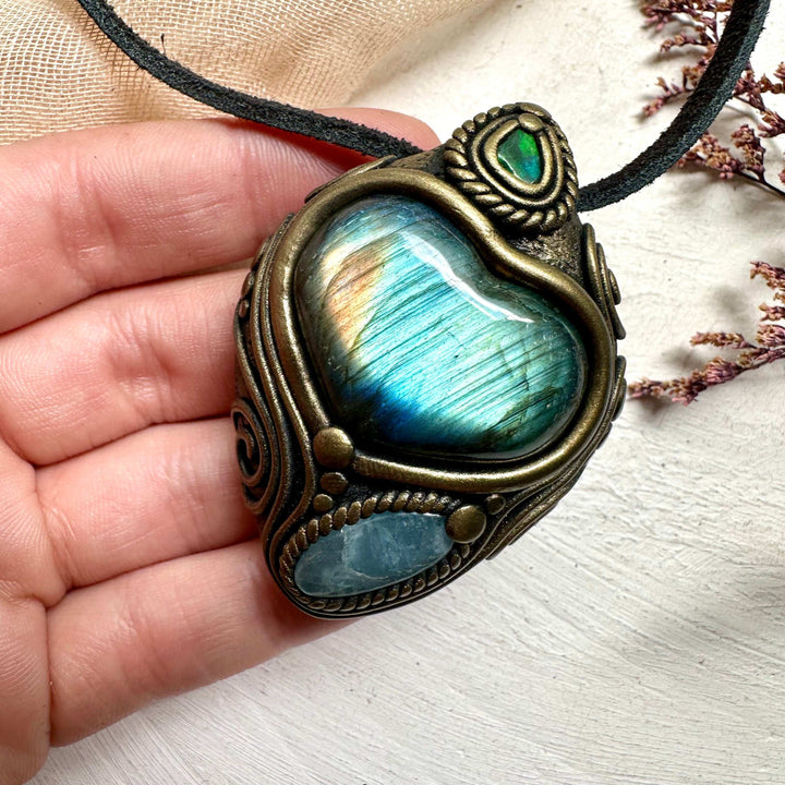 Labradorite Heart Aquamarine and Black Opal Pendant - FairyGardenGlow